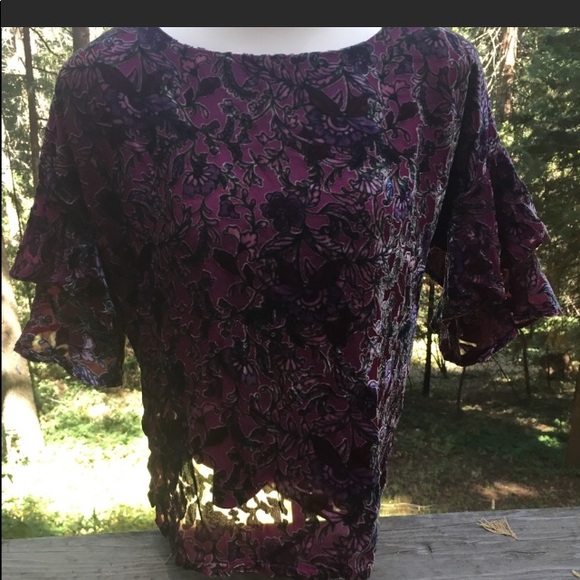 Lily White Tops - Lily White burnt velvet brocade floral mesh ,vintage burgundy blouse